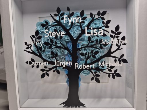 Baum mit Blättern, Namen: Flynn, Steve, Lisa, Julian, Robert, in Schwarz und Blau.